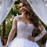 Ball Gown Vintage Wedding Dresses with Sleeves Appliques Crystals Long Train MyChicDress